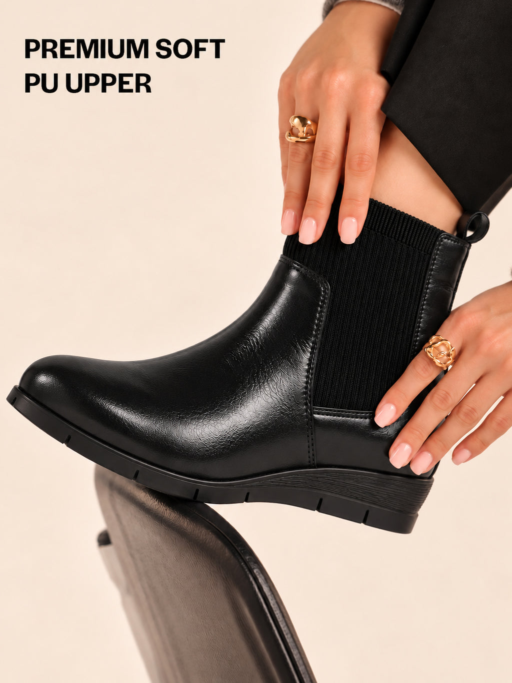 Women Black Mid Top Socks Collar Broad Feet Slip On Wedge Heel Chelsea Boots
