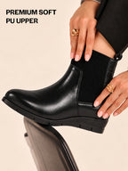 Women Black Mid Top Socks Collar Broad Feet Slip On Wedge Heel Chelsea Boots