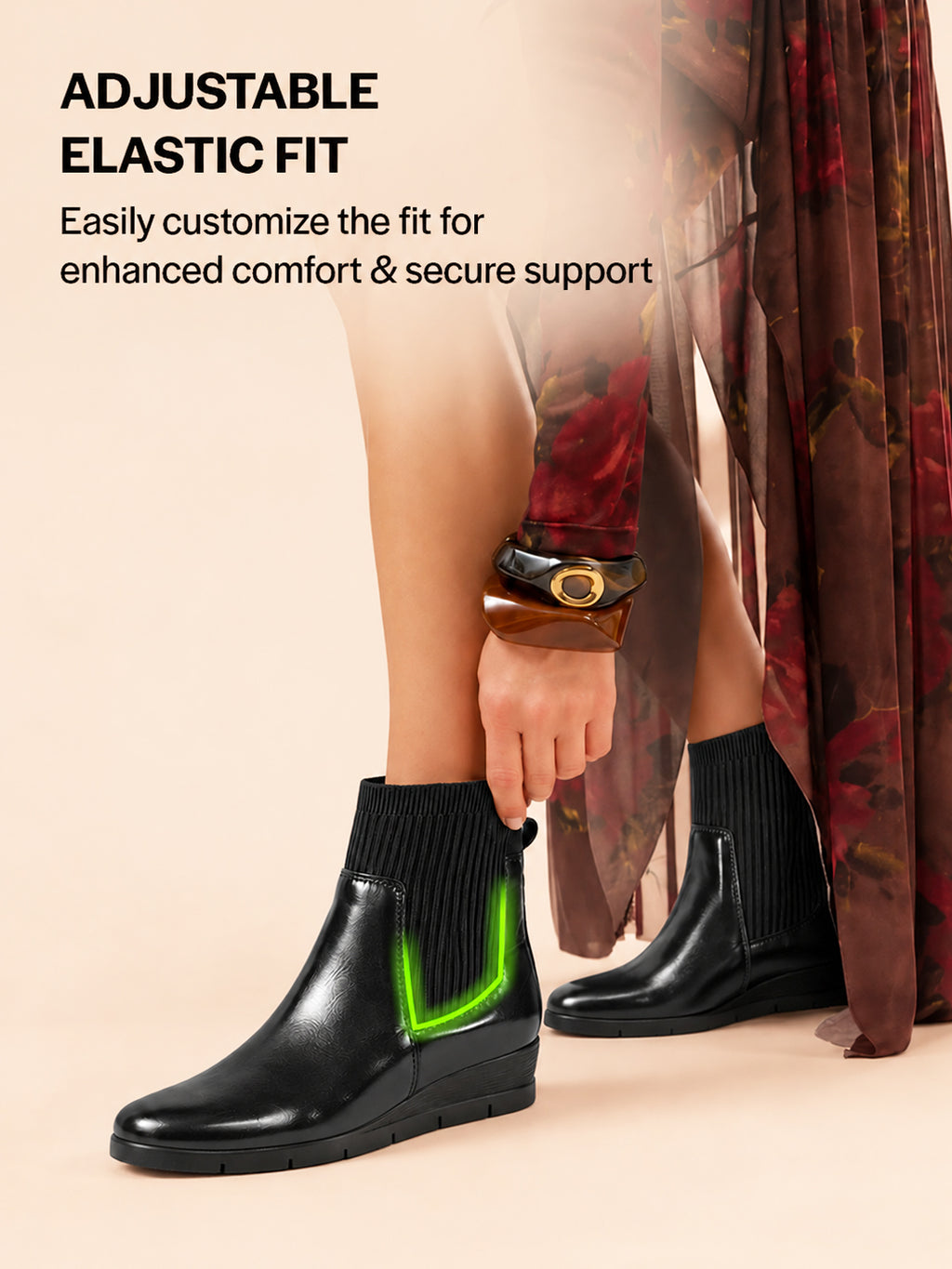 Women Black Mid Top Socks Collar Broad Feet Slip On Wedge Heel Chelsea Boots