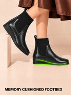 Women Black Mid Top Socks Collar Broad Feet Slip On Wedge Heel Chelsea Boots