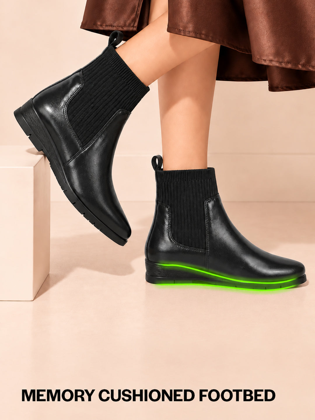 Women Black Mid Top Socks Collar Broad Feet Slip On Wedge Heel Chelsea Boots