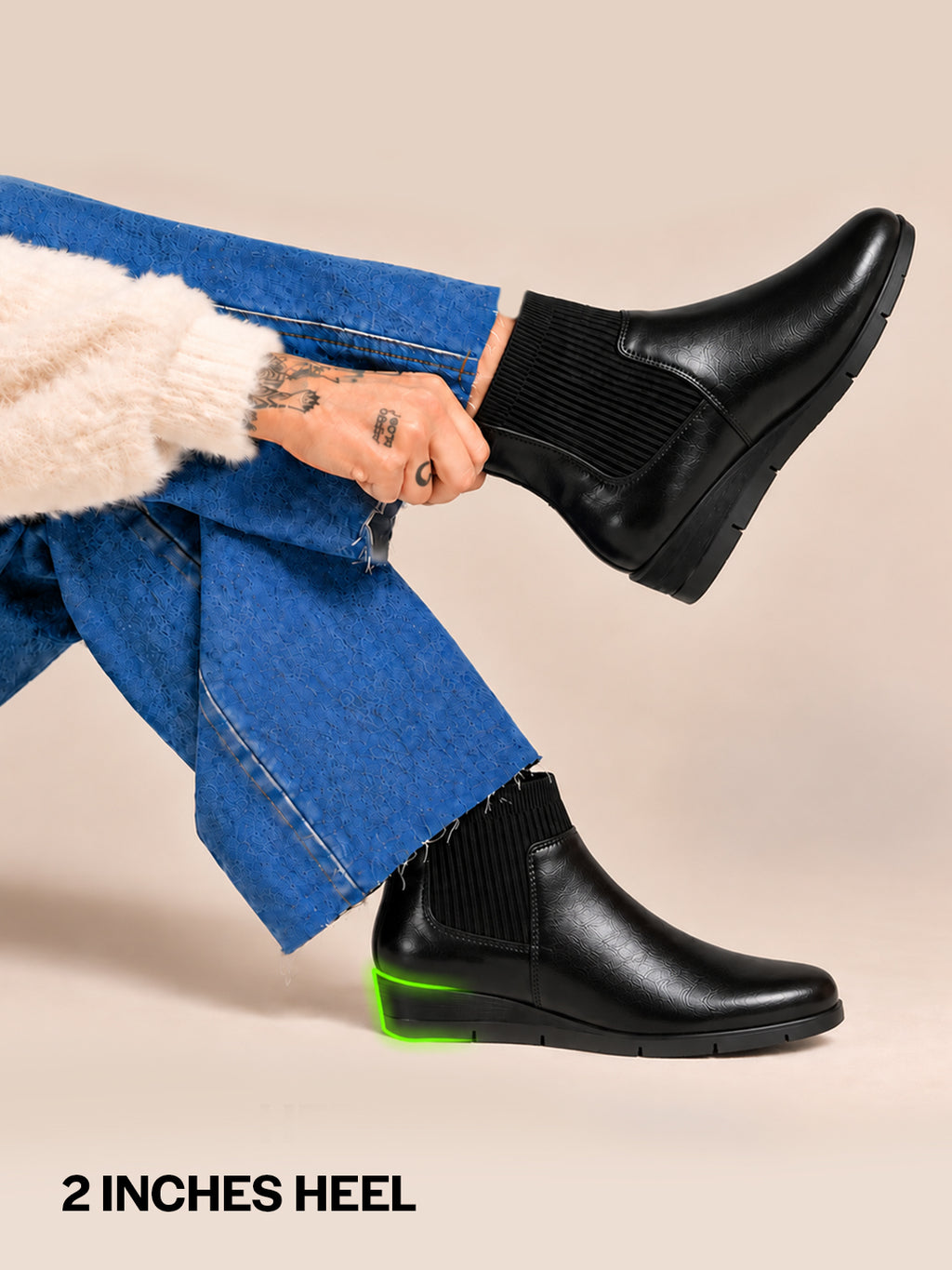Women Black Mid Top Socks Collar Broad Feet Slip On Wedge Heel Chelsea Boots