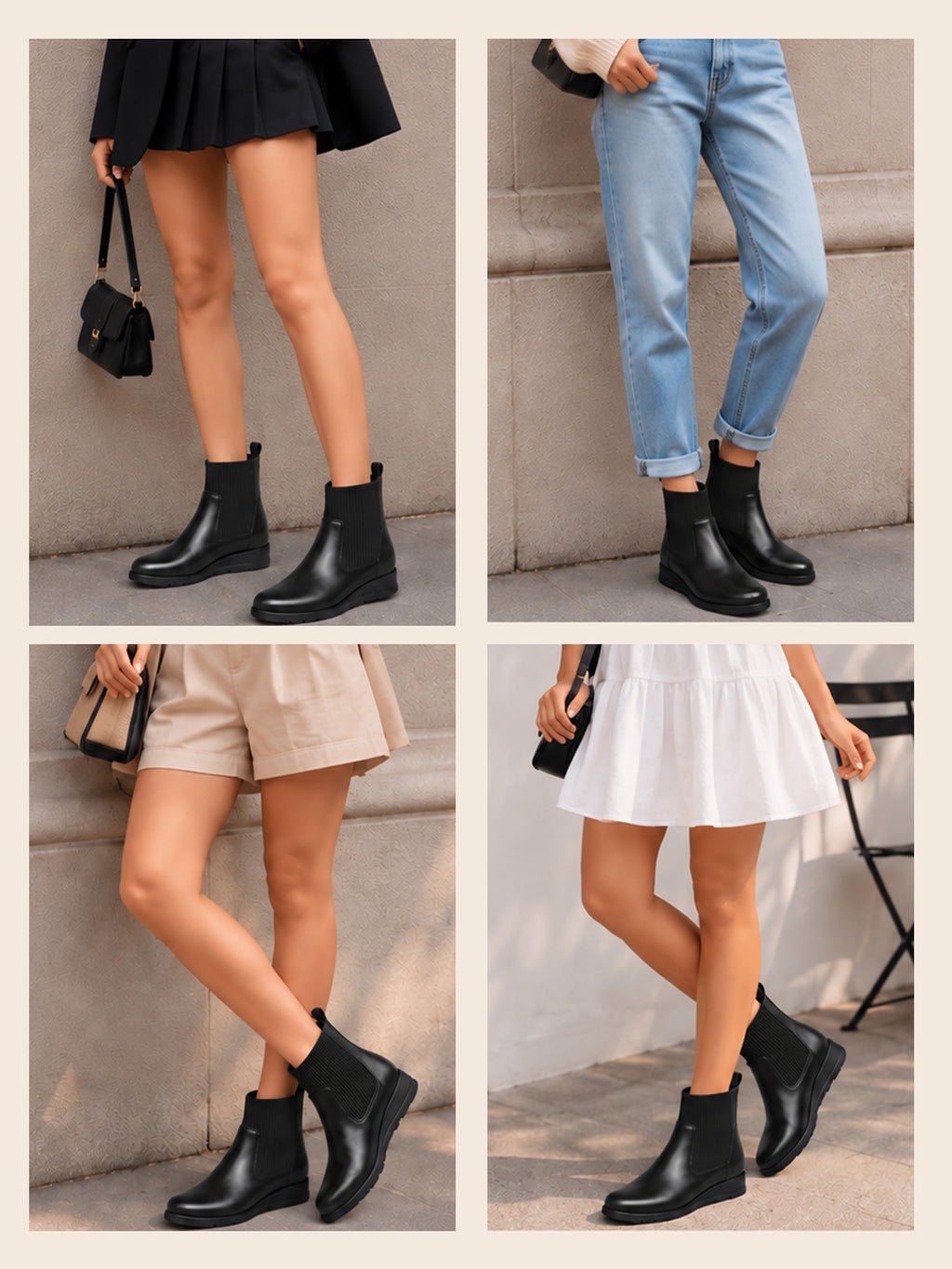 Women Black Mid Top Socks Collar Broad Feet Slip On Wedge Heel Chelsea Boots