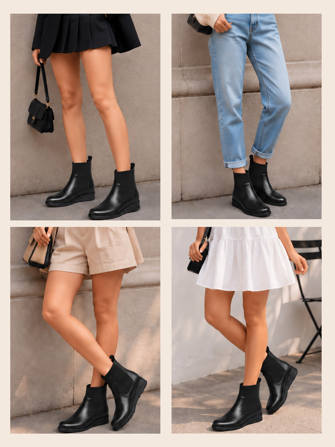 Women Black Mid Top Socks Collar Broad Feet Slip On Wedge Heel Chelsea Boots