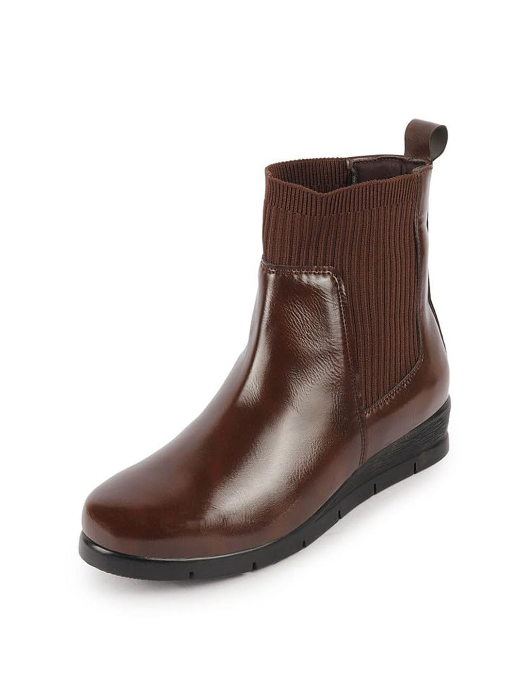 Women Brown Mid Top Socks Collar Broad Feet Slip On Wedge Heel Chelsea Boots