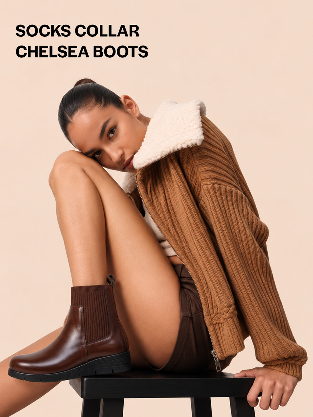 Women Brown Mid Top Socks Collar Broad Feet Slip On Wedge Heel Chelsea Boots