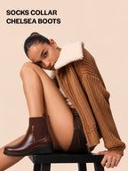 Women Brown Mid Top Socks Collar Broad Feet Slip On Wedge Heel Chelsea Boots
