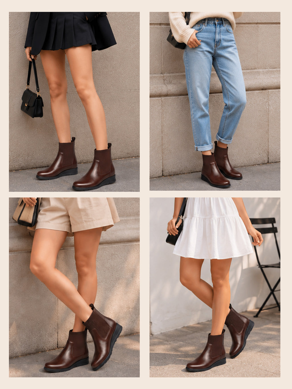 Women Brown Mid Top Socks Collar Broad Feet Slip On Wedge Heel Chelsea Boots
