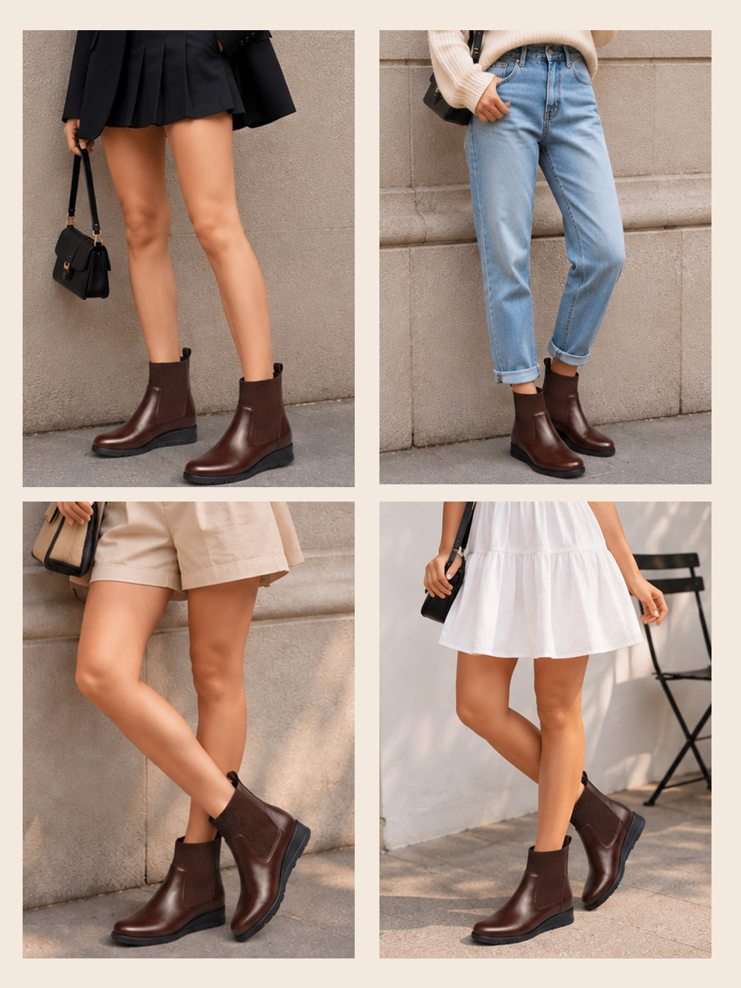 Women Brown Mid Top Socks Collar Broad Feet Slip On Wedge Heel Chelsea Boots