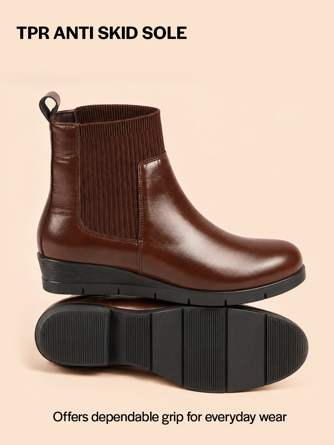 Women Brown Mid Top Socks Collar Broad Feet Slip On Wedge Heel Chelsea Boots