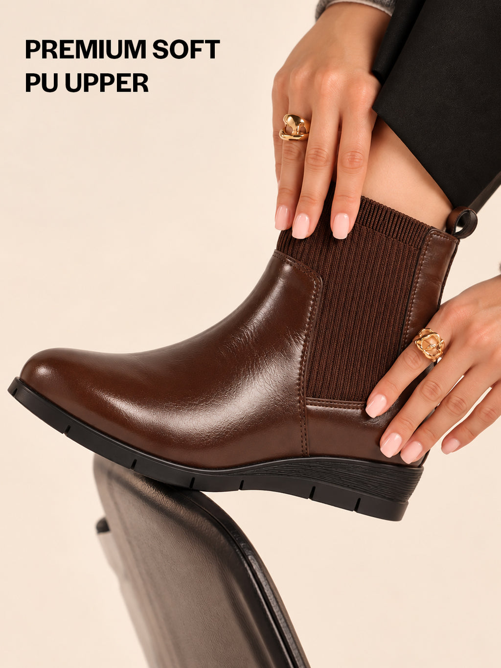 Women Brown Mid Top Socks Collar Broad Feet Slip On Wedge Heel Chelsea Boots