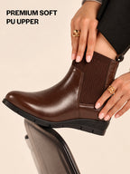 Women Brown Mid Top Socks Collar Broad Feet Slip On Wedge Heel Chelsea Boots