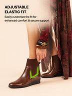 Women Brown Mid Top Socks Collar Broad Feet Slip On Wedge Heel Chelsea Boots