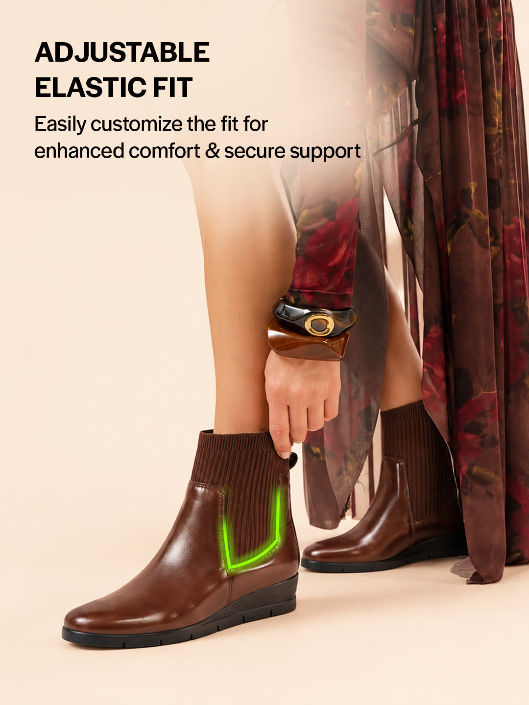Women Brown Mid Top Socks Collar Broad Feet Slip On Wedge Heel Chelsea Boots