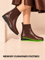 Women Brown Mid Top Socks Collar Broad Feet Slip On Wedge Heel Chelsea Boots