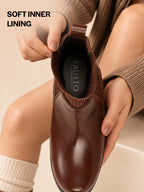 Women Brown Mid Top Socks Collar Broad Feet Slip On Wedge Heel Chelsea Boots