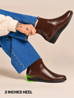 Women Brown Mid Top Socks Collar Broad Feet Slip On Wedge Heel Chelsea Boots