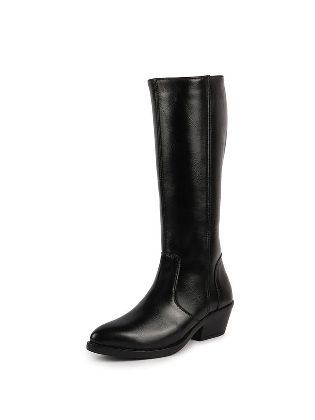 Women Black Knee Length Side Zipper Closure Pointed Toe Flared Heel Boots