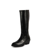 Women Black Knee Length Side Zipper Closure Pointed Toe Flared Heel Boots