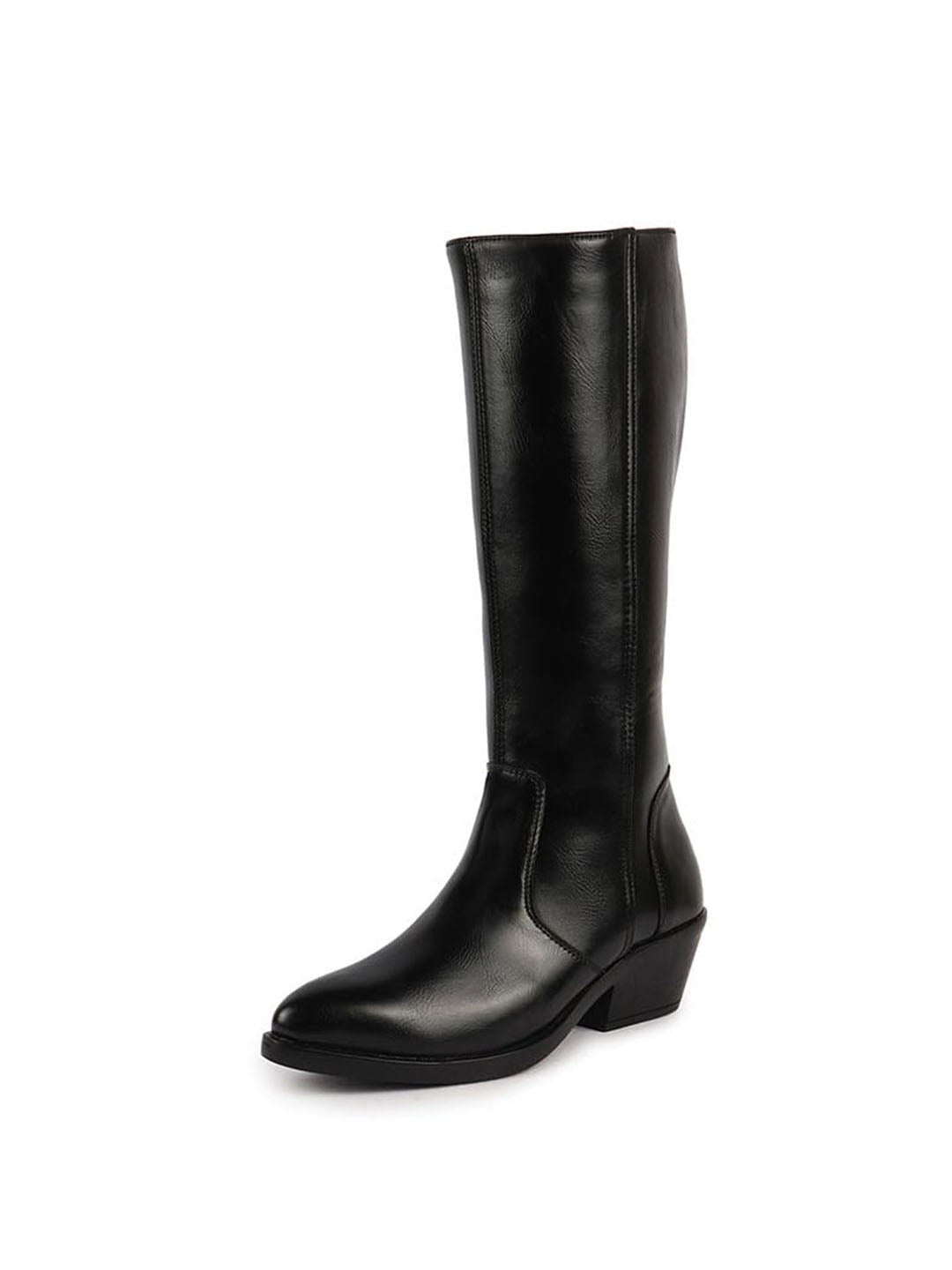 Women Black Knee Length Side Zipper Closure Pointed Toe Flared Heel Boots