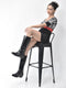 Women Black Knee Length Side Zipper Closure Pointed Toe Flared Heel Boots