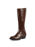 Shop Women Brown Knee Length Side Zipper Closure Pointed Toe Flared Heel Boots Online.