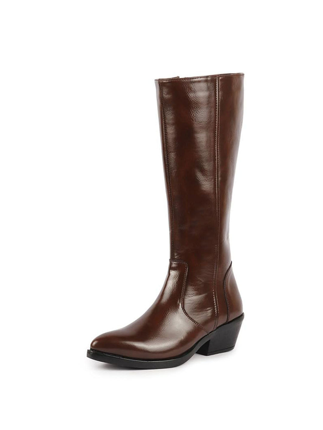 Shop Women Brown Knee Length Side Zipper Closure Pointed Toe Flared Heel Boots Online.