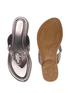 Women Gun Metal Glossy Platform Slip On Ethnic Slipper|Sandals for Party|Festival|Wedding