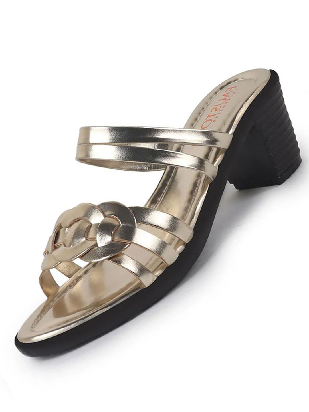 Women Golden Shiny Open Toe Multi Strap Block Heel Party Slip On Sandals|Ethnic Slippers For Lehenga Sharara|Festive|Wedding