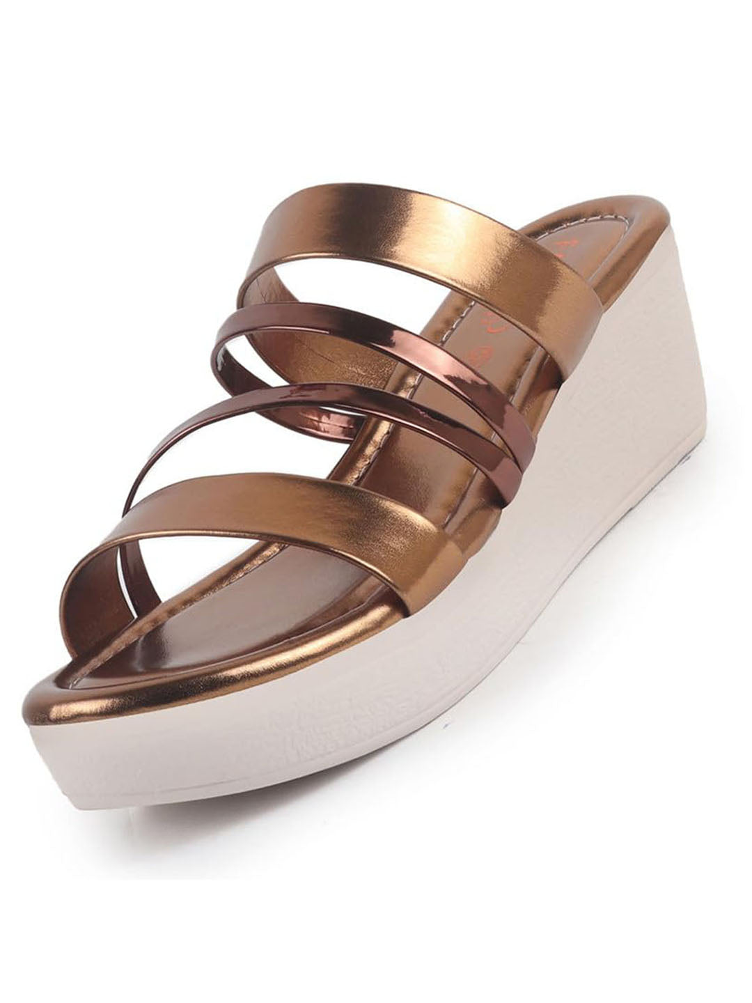 Women Copper Glossy Open Toe Multi Strap Wedge Heel Wedding Ethnic Sandals|Slippers for Party|Festive|Height Enhancer Sandal