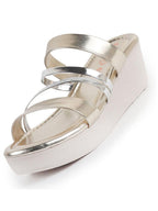 Women Golden Glossy Open Toe Multi Strap Wedge Heel Wedding Ethnic Sandals|Slippers for Party|Festive|Height Enhancer Sandal