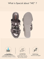 Women Gun Metal Glossy Open Toe Multi Strap Wedge Heel Wedding Ethnic Sandals|Slippers for Party|Festive|Height Enhancer Sandal