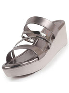 Women Gun Metal Glossy Open Toe Multi Strap Wedge Heel Wedding Ethnic Sandals|Slippers for Party|Festive|Height Enhancer Sandal
