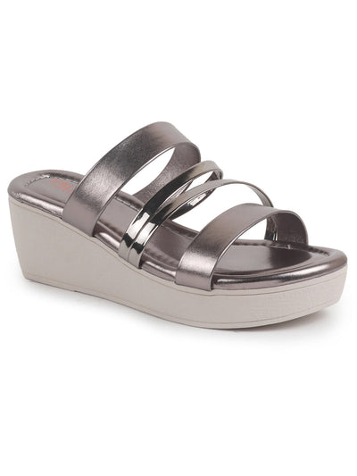 Women Gun Metal Glossy Open Toe Multi Strap Wedge Heel Wedding Ethnic Sandals|Slippers for Party|Festive|Height Enhancer Sandal