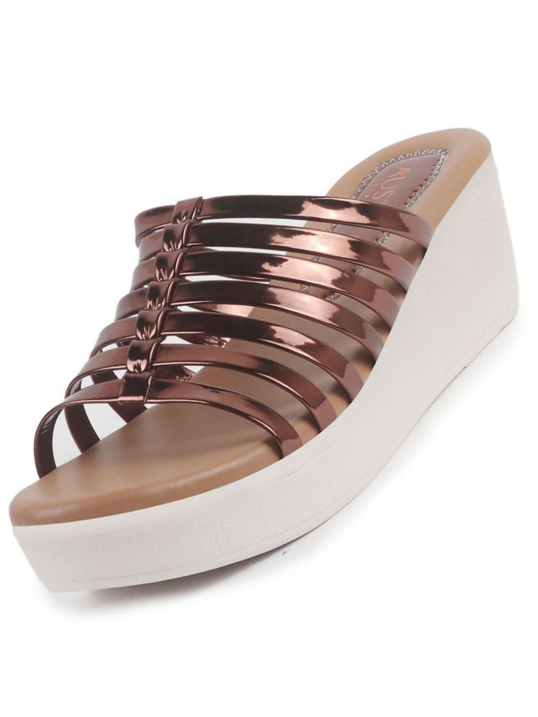 Women Copper Shiny Open Toe Multi Strap Wedge Heel Height Enhancer Ethnic Sandals|Slippers for Wedding|Festive|Occasion