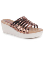 Women Copper Shiny Open Toe Multi Strap Wedge Heel Height Enhancer Ethnic Sandals|Slippers for Wedding|Festive|Occasion