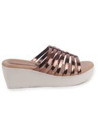 Women Copper Shiny Open Toe Multi Strap Wedge Heel Height Enhancer Ethnic Sandals|Slippers for Wedding|Festive|Occasion