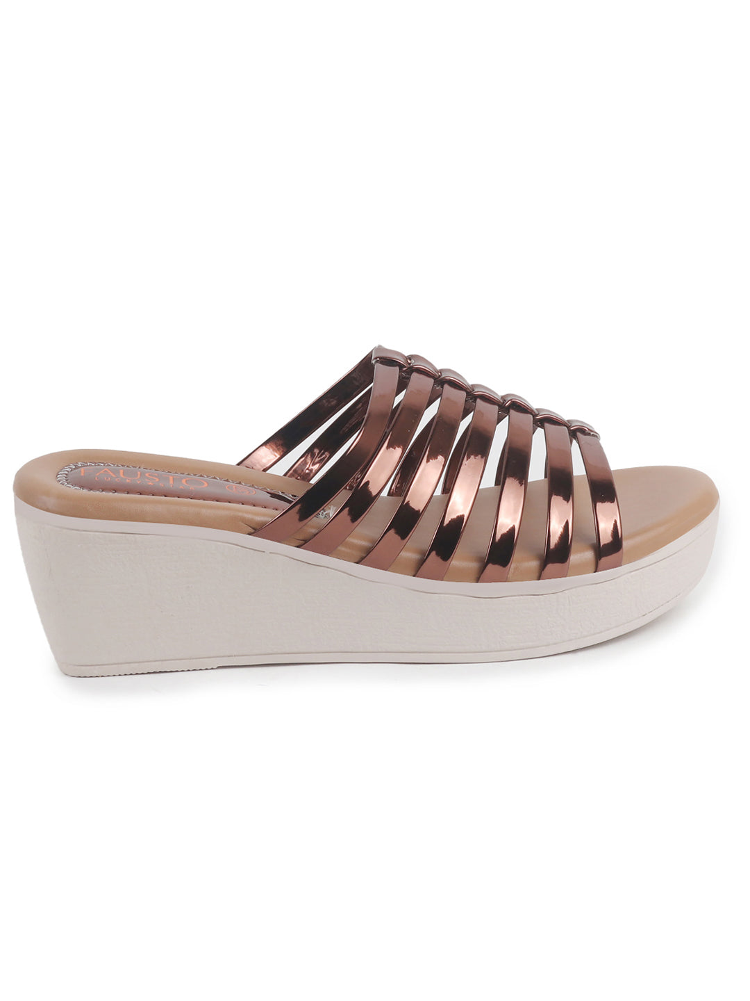 Women Copper Shiny Open Toe Multi Strap Wedge Heel Height Enhancer Ethnic Sandals|Slippers for Wedding|Festive|Occasion