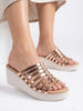 Women Golden Shiny Open Toe Multi Strap Wedge Heel Height Enhancer Ethnic Sandals|Slippers for Wedding|Festive|Occasion