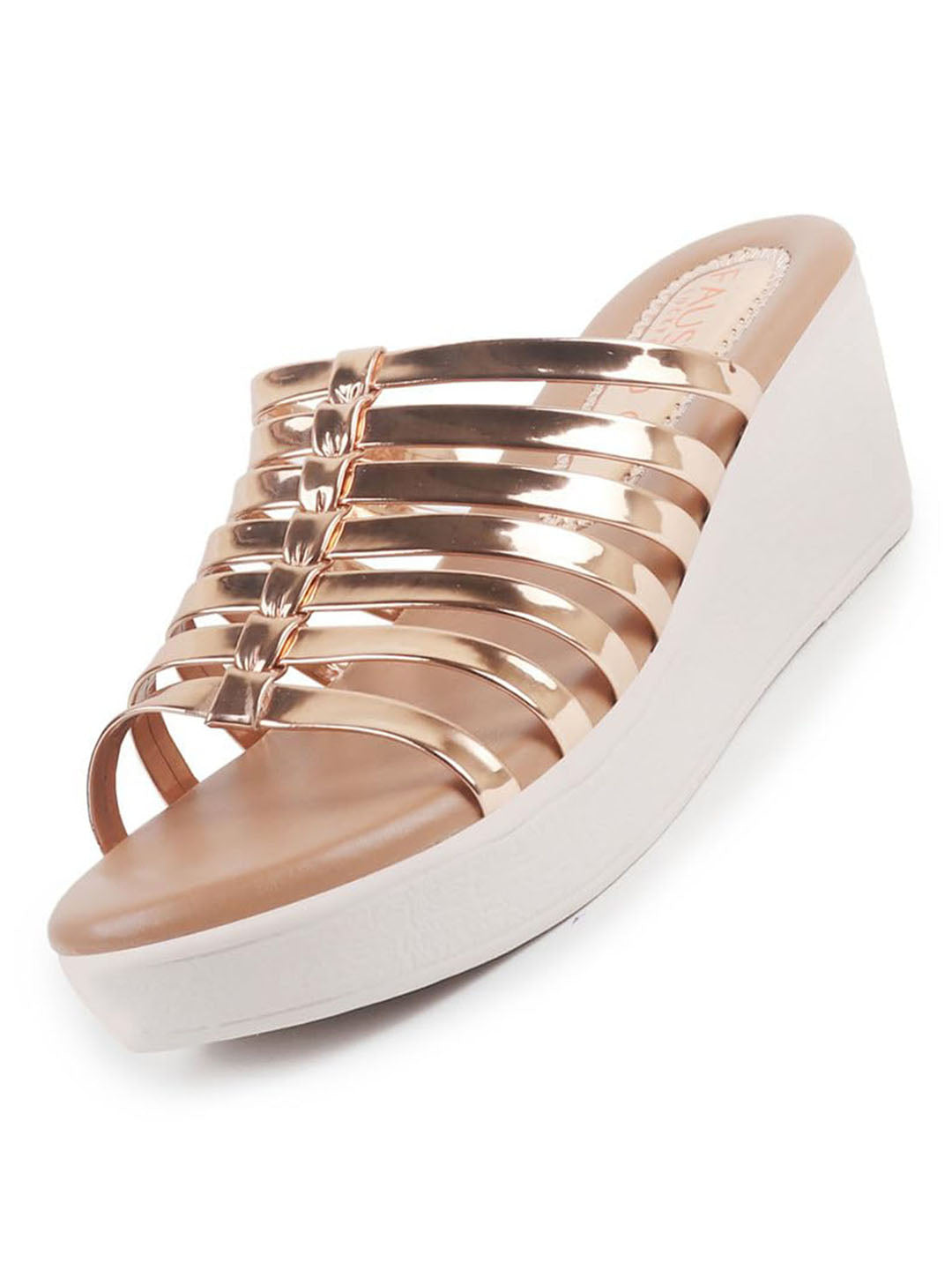 women golden shiny open toe multi strap wedge heel height enhancer ethnic sandals|slippers for wedding|festive|occasion