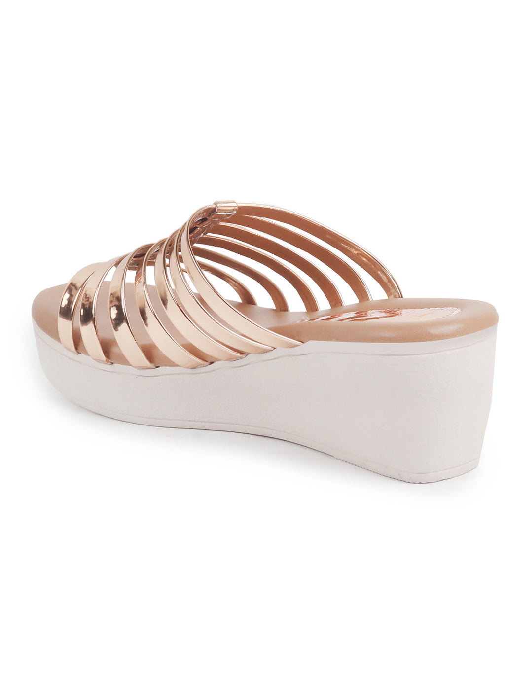 Women Golden Shiny Open Toe Multi Strap Wedge Heel Height Enhancer Ethnic Sandals|Slippers for Wedding|Festive|Occasion