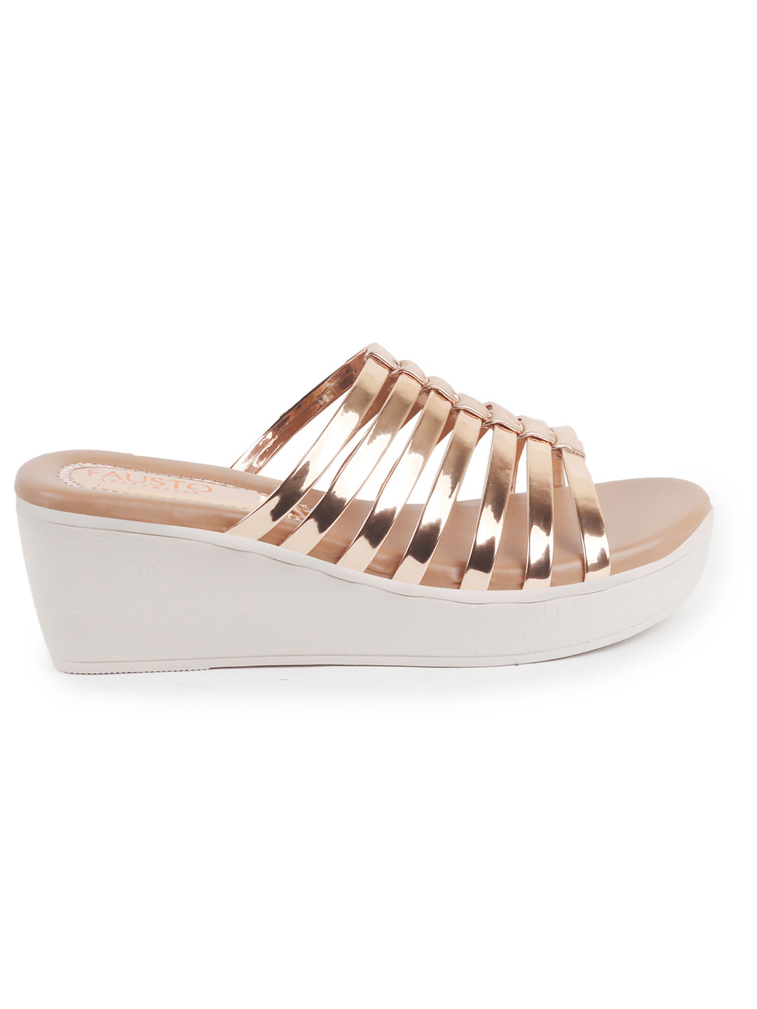 Women Golden Shiny Open Toe Multi Strap Wedge Heel Height Enhancer Ethnic Sandals|Slippers for Wedding|Festive|Occasion