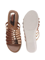 Women Golden Shiny Open Toe Multi Strap Wedge Heel Height Enhancer Ethnic Sandals|Slippers for Wedding|Festive|Occasion