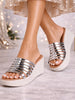 Women Gun Metal Shiny Open Toe Multi Strap Wedge Heel Height Enhancer Ethnic Sandals|Slippers for Wedding|Festive|Occasion