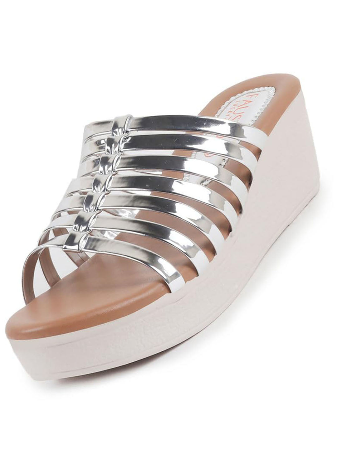 women gun metal shiny open toe multi strap wedge heel height enhancer ethnic sandals|slippers for wedding|festive|occasion
