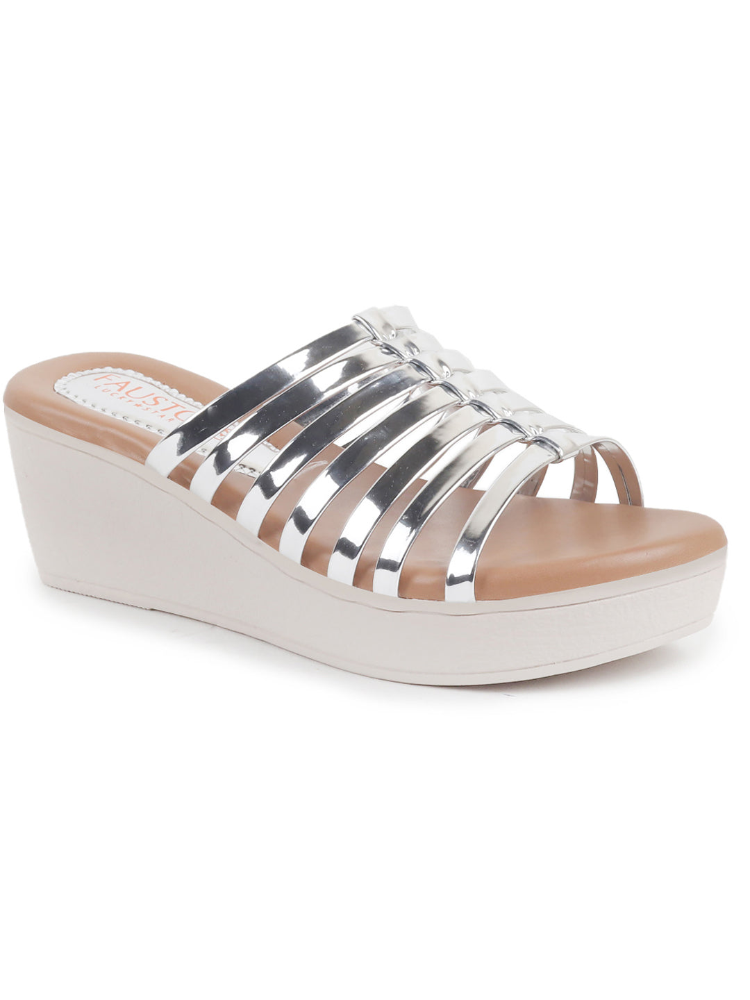 Women Gun Metal Shiny Open Toe Multi Strap Wedge Heel Height Enhancer Ethnic Sandals|Slippers for Wedding|Festive|Occasion
