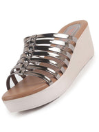 women pink shiny open toe multi strap wedge heel height enhancer ethnic sandals|slippers for wedding|festive|occasion