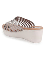 Women Pink Shiny Open Toe Multi Strap Wedge Heel Height Enhancer Ethnic Sandals|Slippers for Wedding|Festive|Occasion
