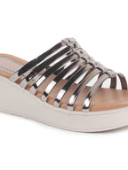 Women Pink Shiny Open Toe Multi Strap Wedge Heel Height Enhancer Ethnic Sandals|Slippers for Wedding|Festive|Occasion