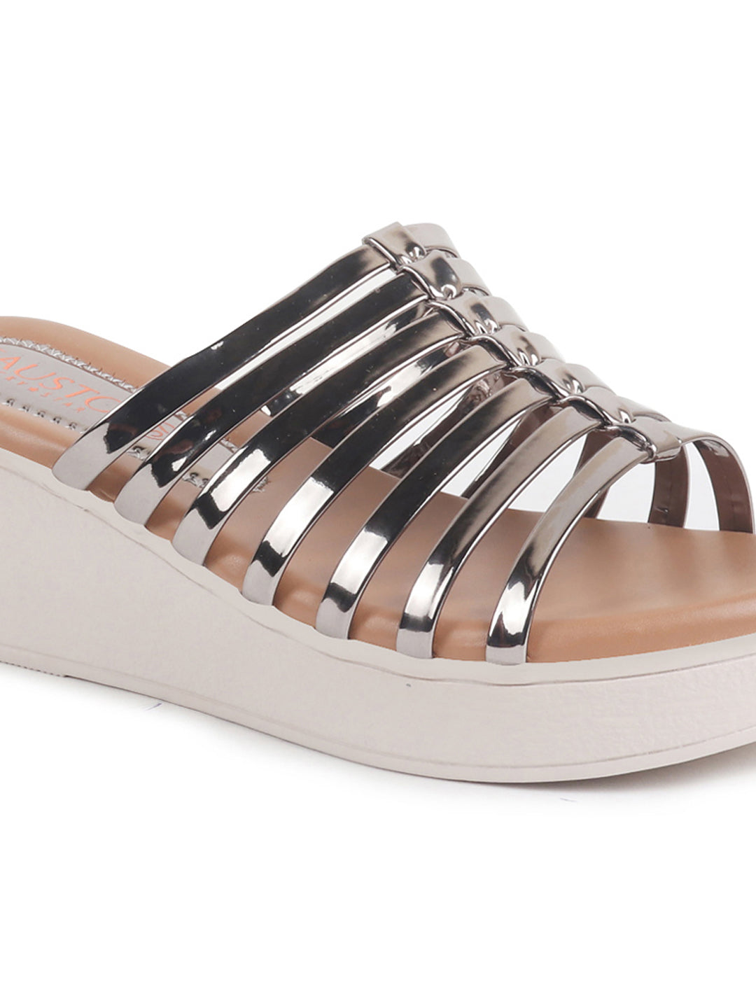 Women Pink Shiny Open Toe Multi Strap Wedge Heel Height Enhancer Ethnic Sandals|Slippers for Wedding|Festive|Occasion